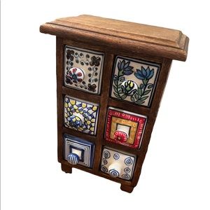 Tiny boho wood and ceramic chest of drawers